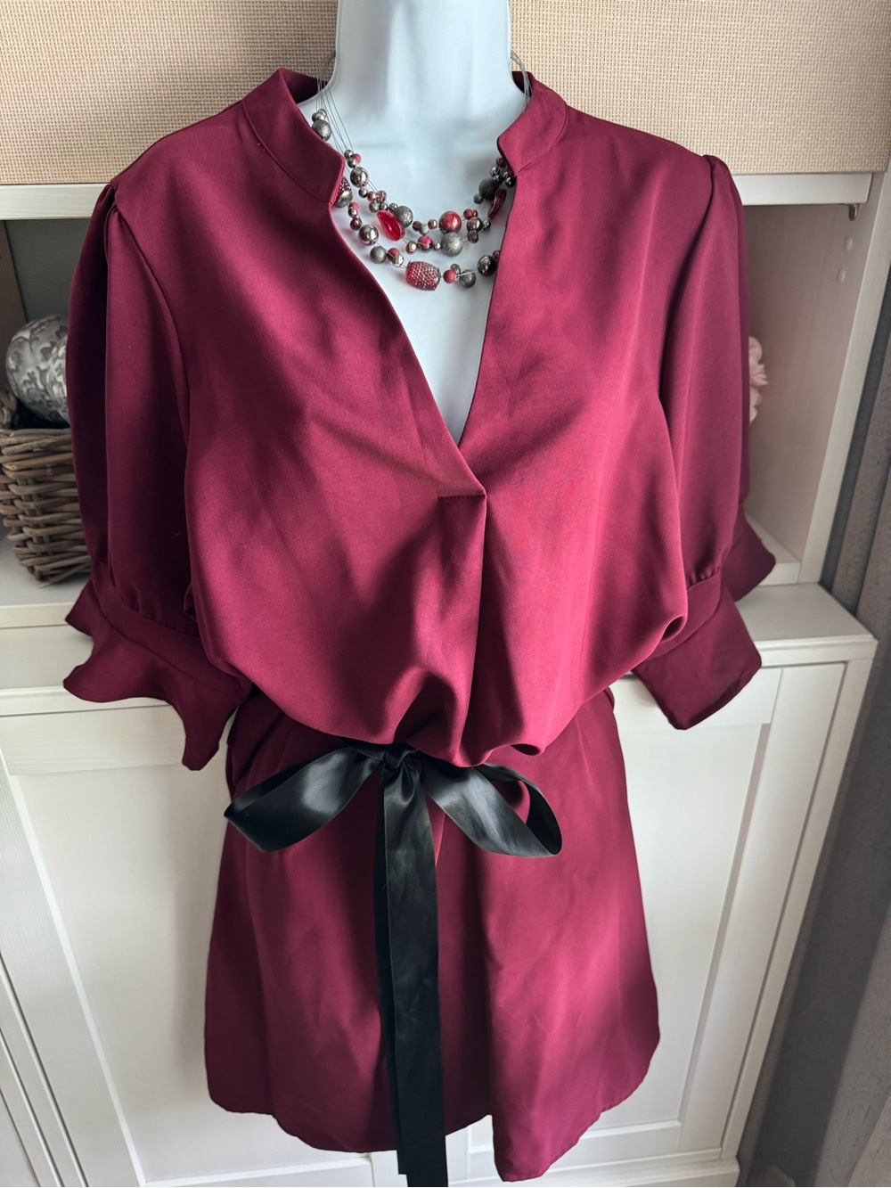 Amazon Women's Burgundy Tie-Waist Mini Dress with included necklace